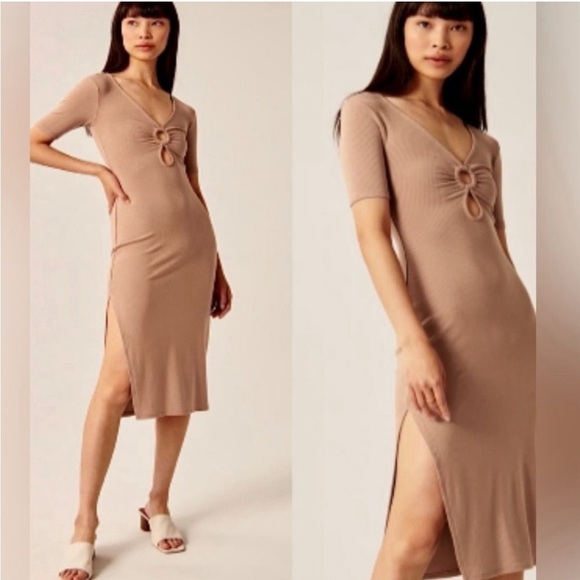 Abercrombie & Fitch Ribbed Tan Midi Dress with Keyhole Detail - Picture 1 of 8